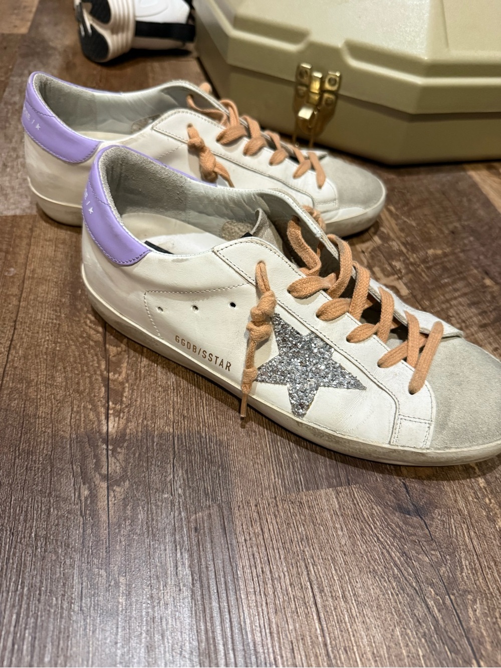 Golden Goose White Sneakers with Silver Glitter Star and Lavender Heel